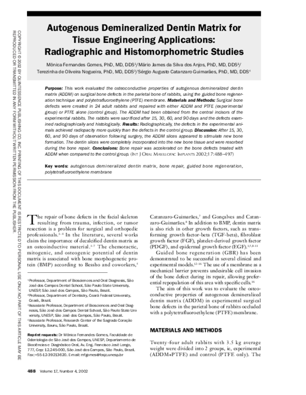 (PDF) Autogenous demineralized dentin matrix for tissue engineering ...