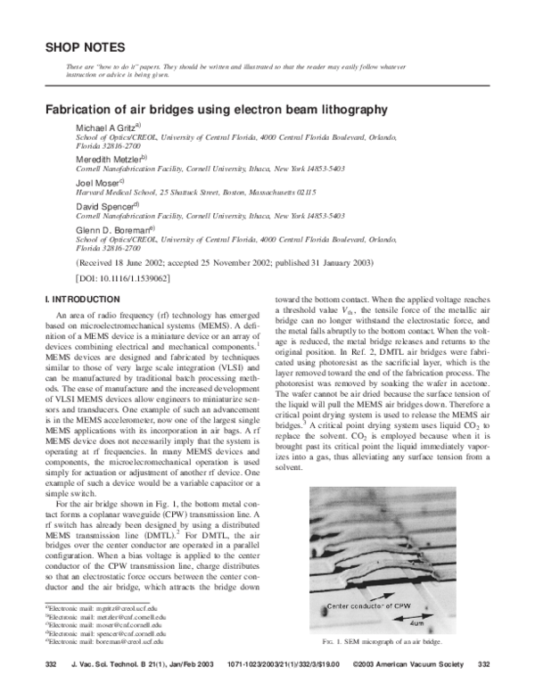 (PDF) Fabrication of air bridges using electron beam lithography