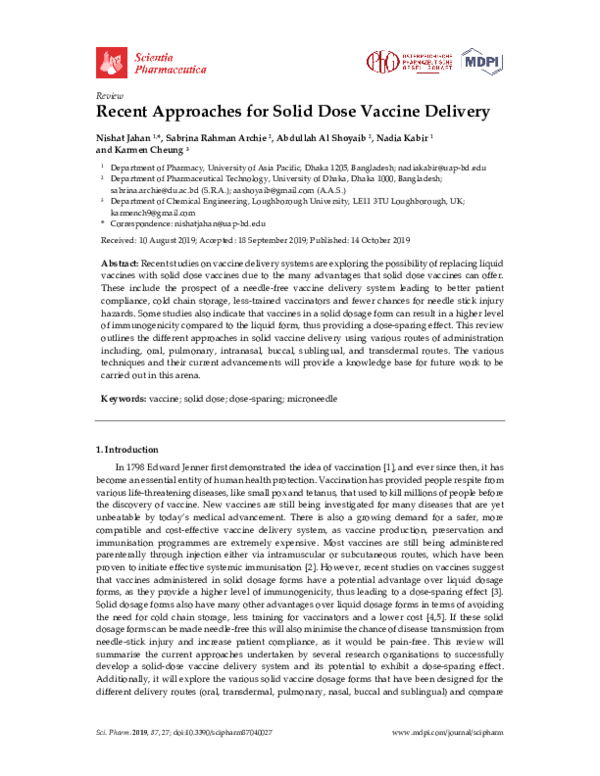 (PDF) Recent Approaches for Solid Dose Vaccine Delivery