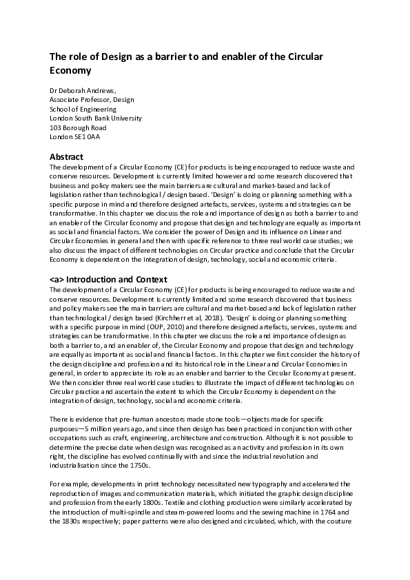 (PDF) The role of design as a barrier to and enabler of the circular ...