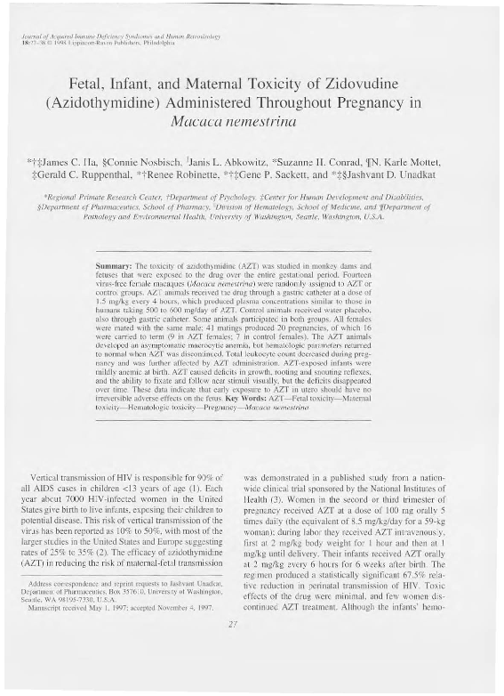 (PDF) Fetal, Infant, and Maternal Toxicity of Zidovudine ...