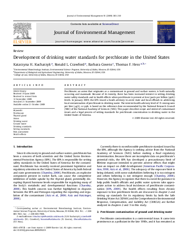 (PDF) Development of drinking water standards for perchlorate in the