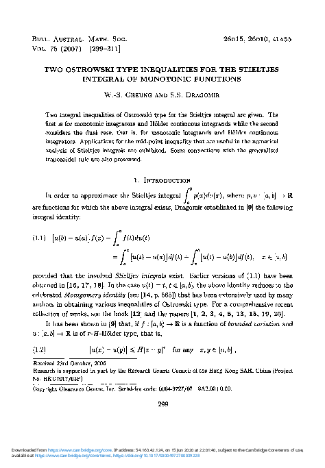 (PDF) Two Ostrowski type inequalities for the Stieltjes integral of ...