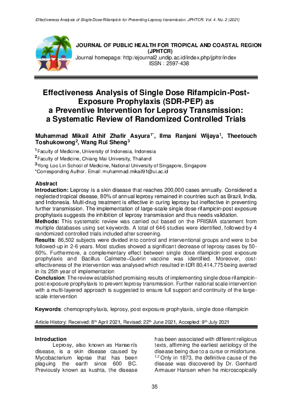 (PDF) Effectiveness Analysis of Single Dose RifampicinPostExposure