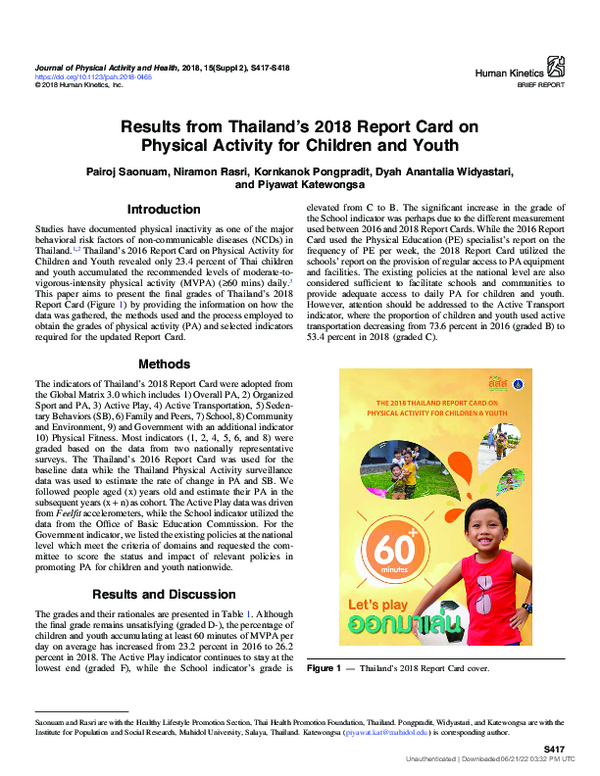 (PDF) Results from Thailand’s 2018 Report Card on Physical Activity for ...