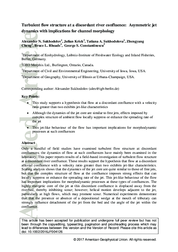 (PDF) Turbulent flow structure at a discordant river confluence ...