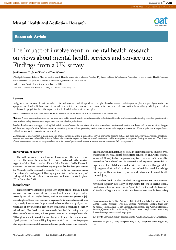 (PDF) The impact of involvement in mental health research on views ...
