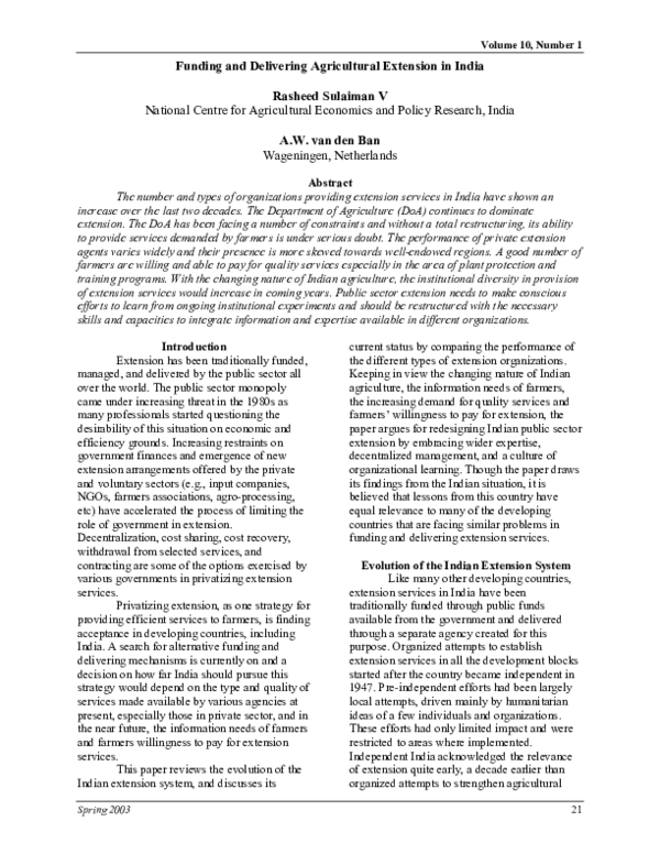 (PDF) Funding and Delivering Agricultural Extension in India