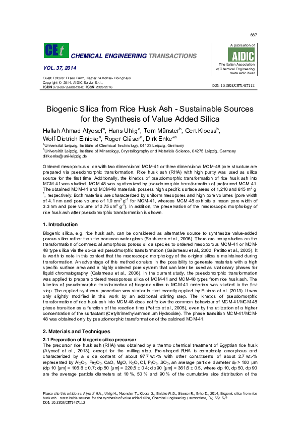 (PDF) Biogenic Silica from Rice Husk Ash -Sustainable Sources for the ...