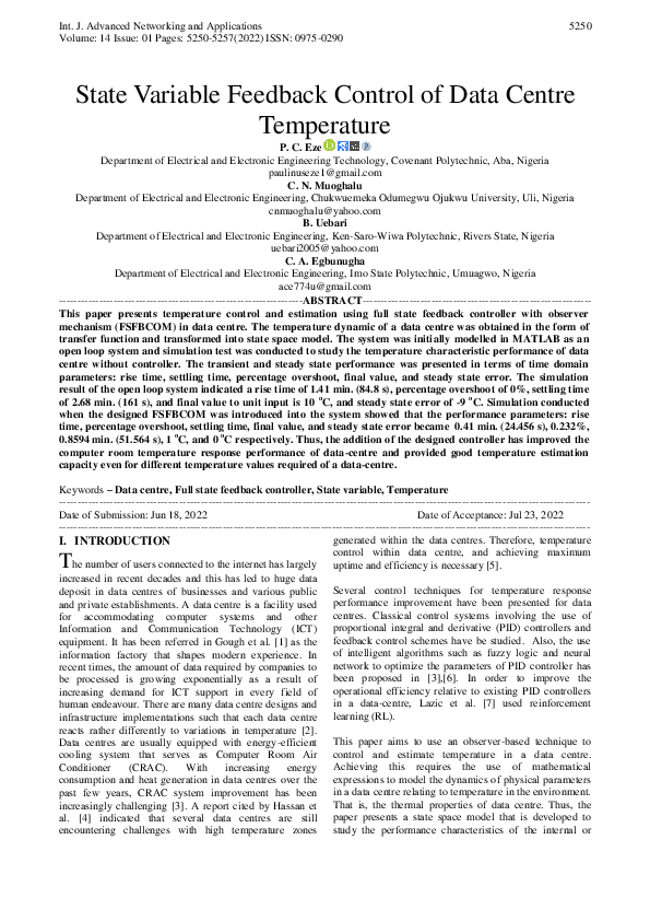 (PDF) State Variable Feedback Control of Data Centre Temperature