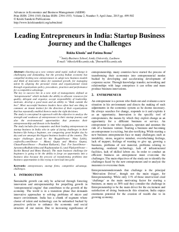 (PDF) Leading Entrepreneurs in India: Startup Business Journey and the ...