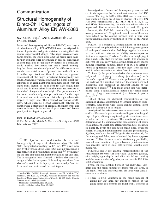 (PDF) Structural Homogeneity of Direct-Chill Cast Ingots of Aluminum ...