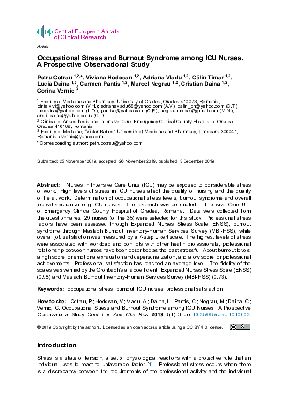 (PDF) Occupational Stress and Burnout Syndrome among ICU Nurses. A ...