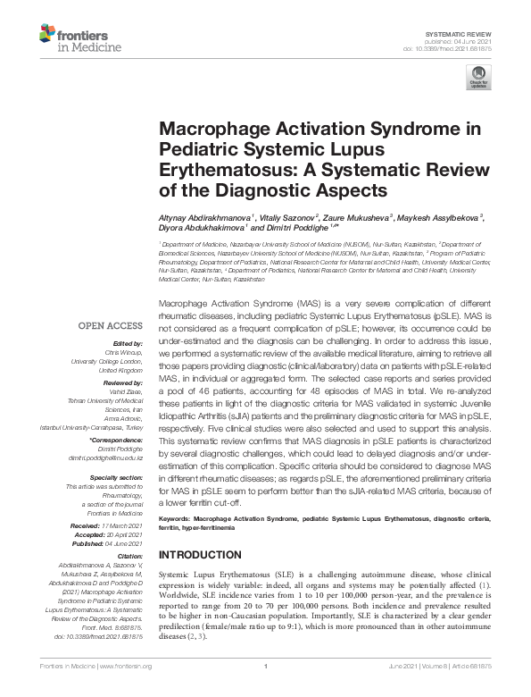 (PDF) Macrophage Activation Syndrome in Pediatric Systemic Lupus ...