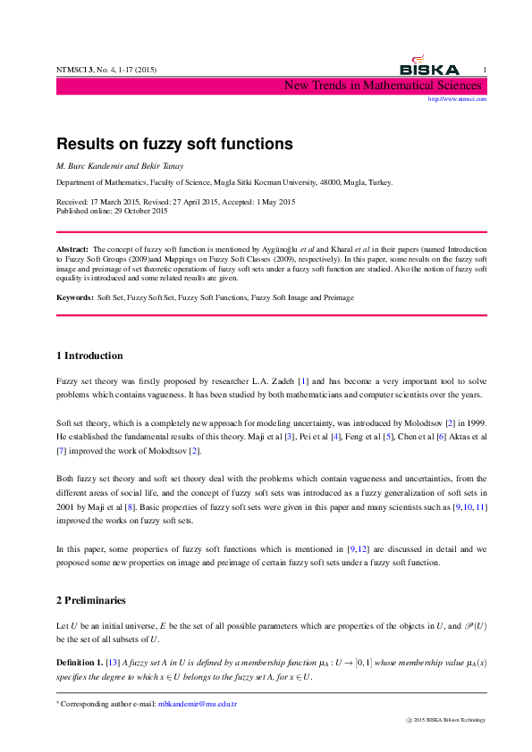 (PDF) New Trends in Mathematical Sciences Results on fuzzy soft functions
