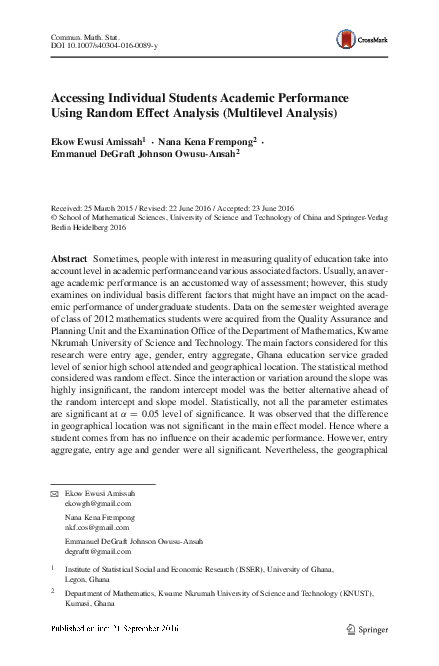 (PDF) Accessing Individual Students Academic Performance Using Random ...