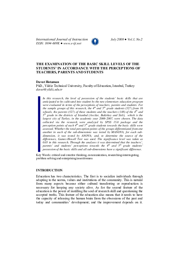 (PDF) The Examination of the Basic Skill Levels of the Students' in ...