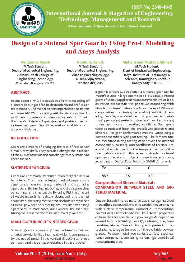 (PDF) Orugonda Ravali Design of a Sintered Spur Gear by Using ProE Modelling and Ansys Analysis