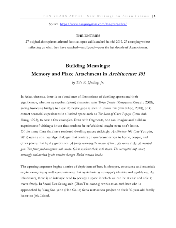 (PDF) Building Meanings: Memory and Place Attachment in Architecture 101