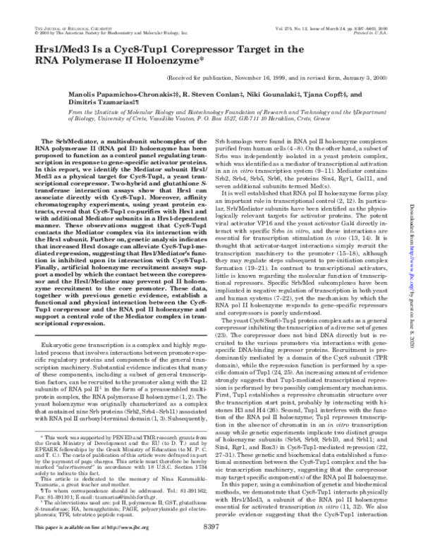 (PDF) Hrs1/Med3 Is a Cyc8-Tup1 Corepressor Target in the RNA Polymerase ...