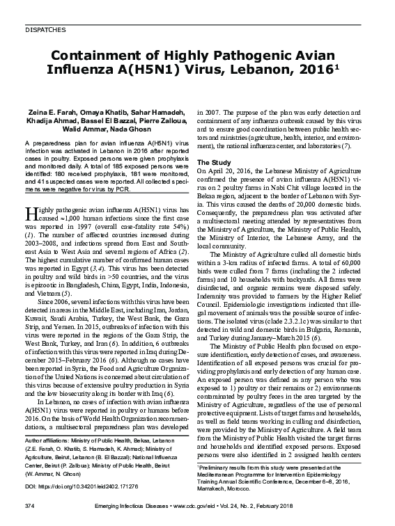 (PDF) Containment of Highly Pathogenic Avian Influenza A(H5N1) Virus ...