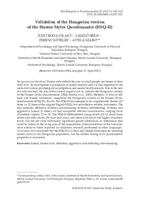 (PDF) Validation of the Hungarian version of the Humor Styles ...