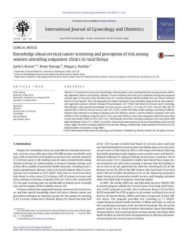 (PDF) Knowledge about cervical cancer screening and perception of risk ...