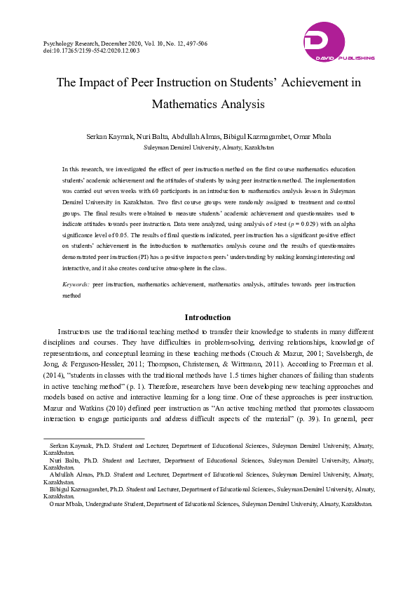 (PDF) The Impact of Peer Instruction on Students’ Achievement in ...