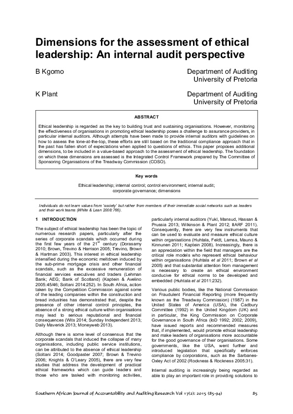 (PDF) Dimensions for the assessment of ethical leadership : an internal ...