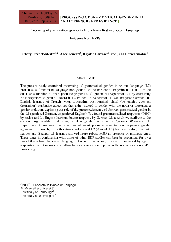(PDF) Processing of grammatical gender in French as a first and second ...