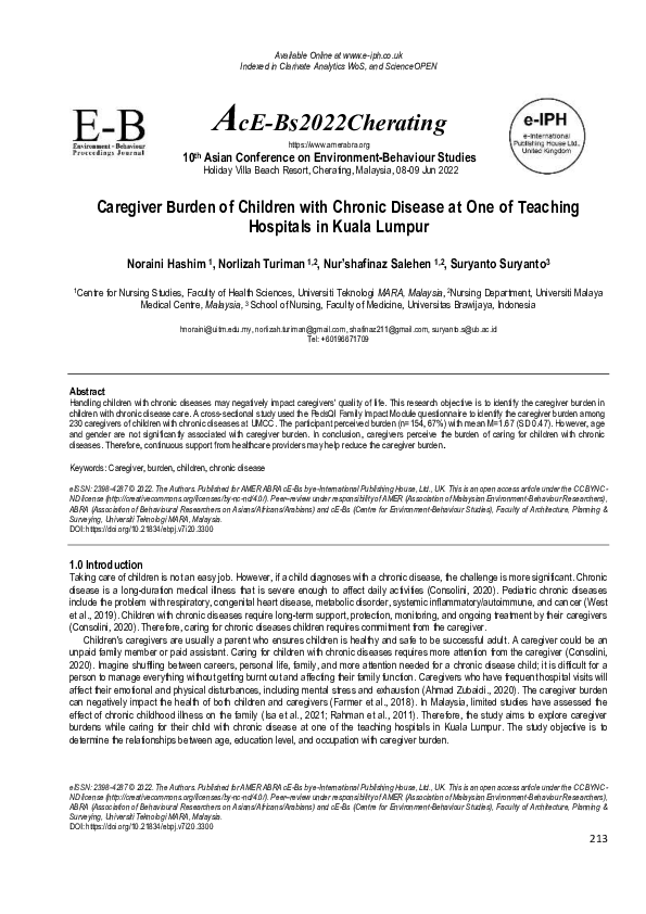 (PDF) Caregiver Burden of Children with Chronic Disease at Teaching ...