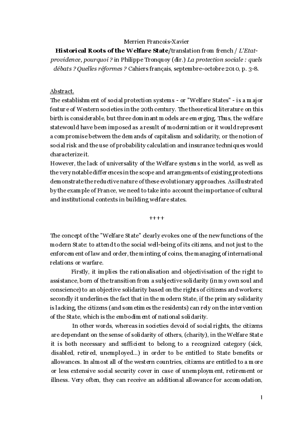 (PDF) Merrien, Historical Roots of the Welfare State-Translation from ...