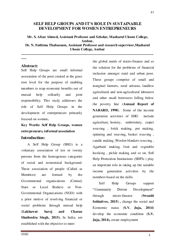 (PDF) SELF HELP GROUPS AND IT'S ROLE IN SUSTAINABLE DEVELOPMENT FOR ...