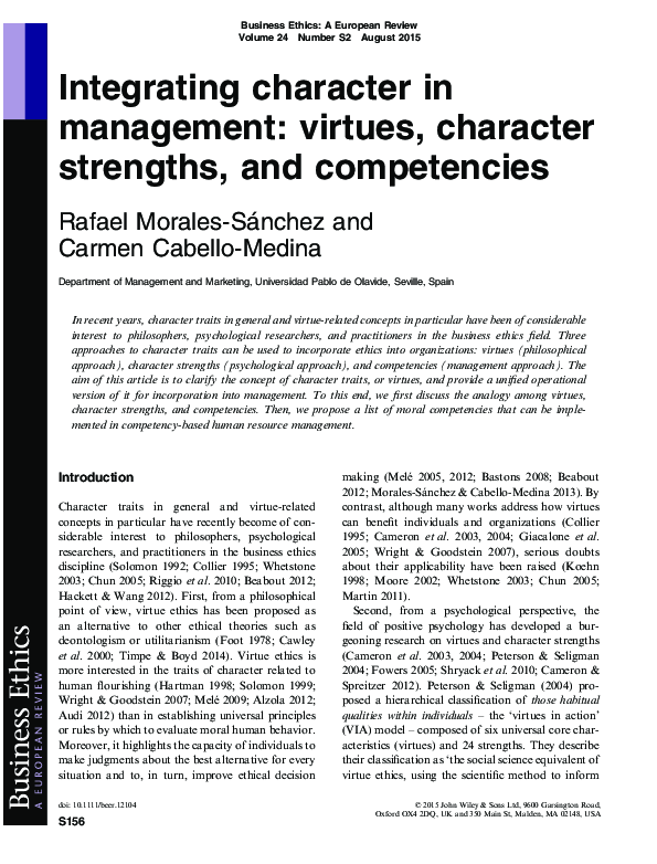 (PDF) Integrating character in management: virtues, character strengths ...