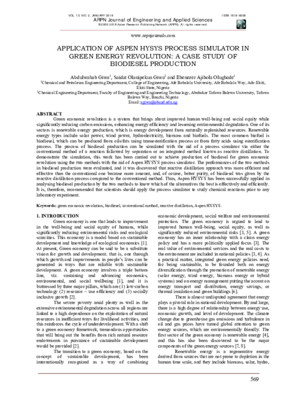 (PDF) Application of Aspen Hysys Process Simulator in Green Energy ...