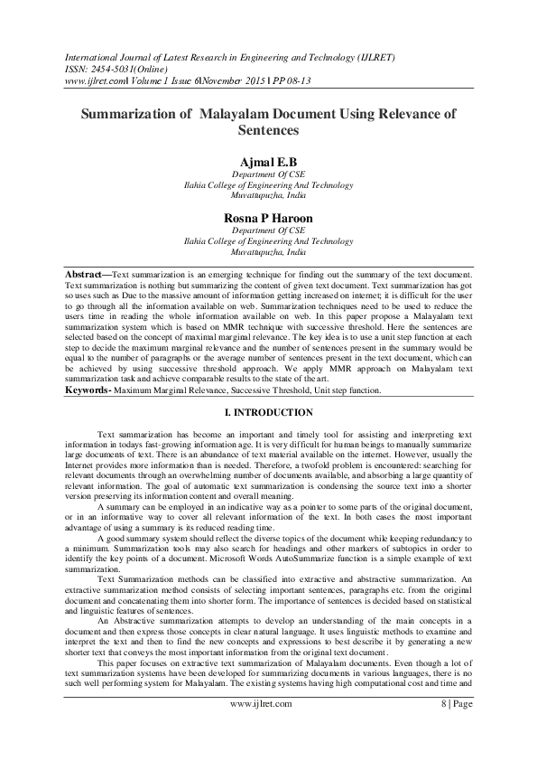 (PDF) Summarization of Malayalam Document Using Relevance of Sentences