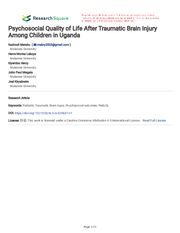 (PDF) Psychosocial Quality of Life After Traumatic Brain Injury Among ...