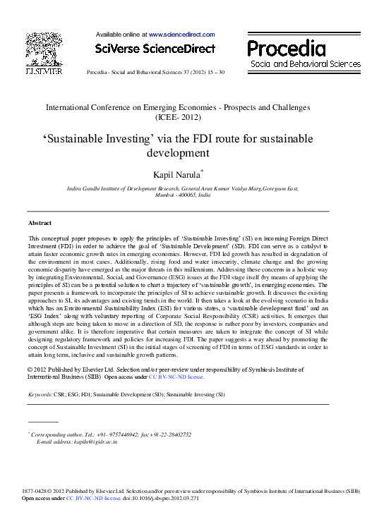 (PDF) ‘Sustainable Investing’ via the FDI Route for Sustainable Development