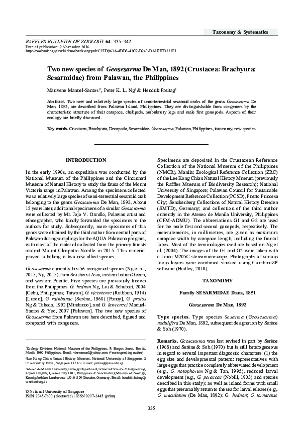 (PDF) Two new species of Geosesarma De Man, 1892 (Crustacea: Brachyura ...