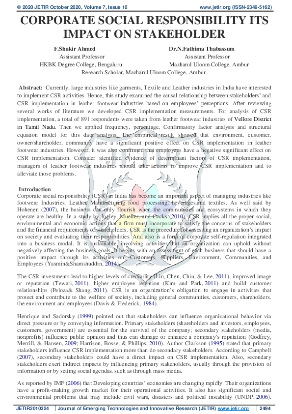 (PDF) CORPORATE SOCIAL RESPONSIBILITY ITS IMPACT ON STAKEHOLDER
