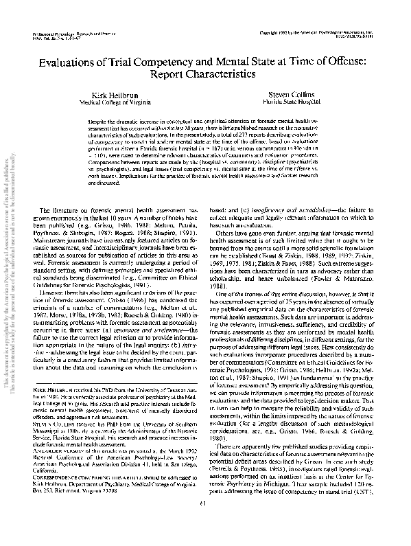 (PDF) Evaluations of trial competency and mental state at time of ...