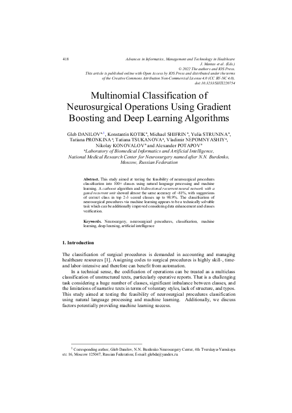 (PDF) Multinomial Classification of Neurosurgical Operations Using ...