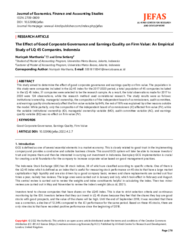 (PDF) The Effect of Good Corporate Governance and Earnings Quality on ...