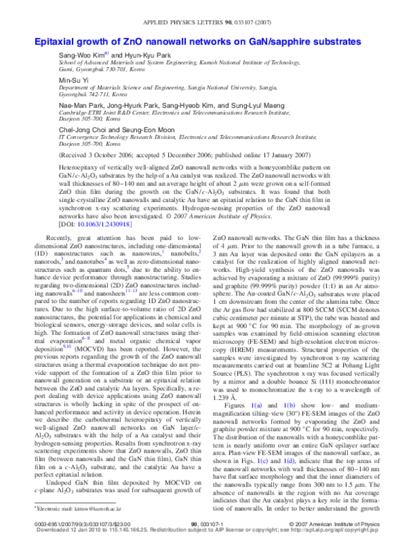 (PDF) Epitaxial growth of ZnO nanowall networks on GaN/sapphire substrates