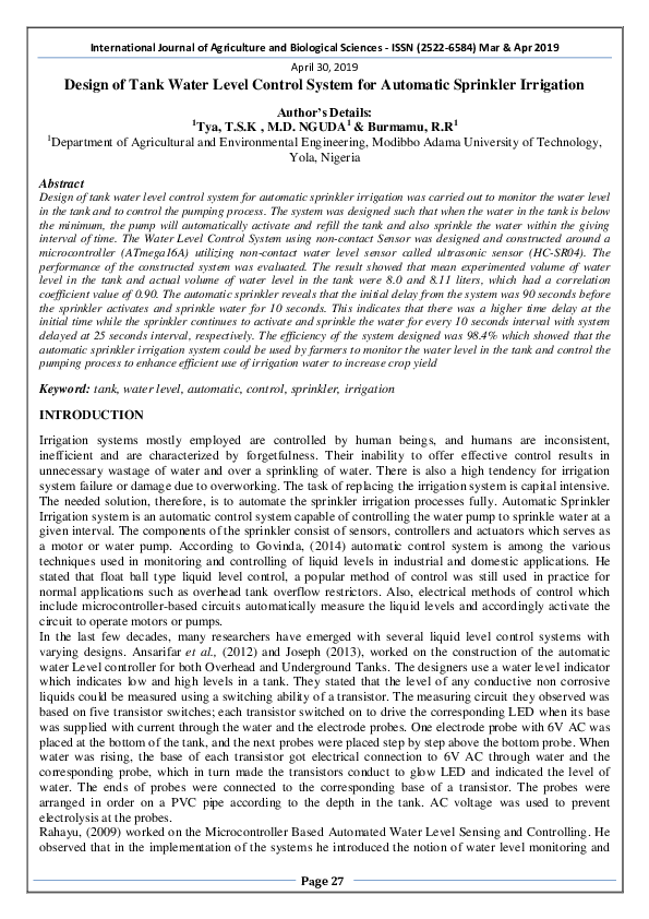 (PDF) Design of Tank Water Level Control System for Automatic Sprinkler