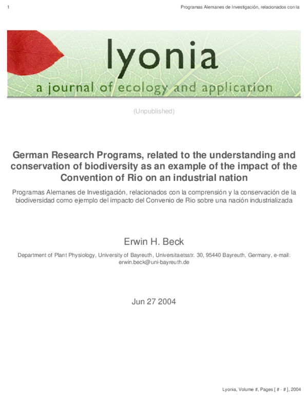 German Research Programs, related to the understanding and conservation of biodiversity as an example of the impact of the Convention of Rio on an industrial nation