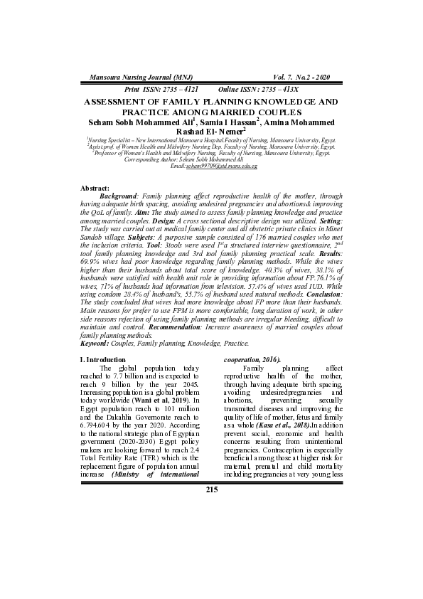 (PDF) Assessment of Family Planning Knowledge and Practice Among ...