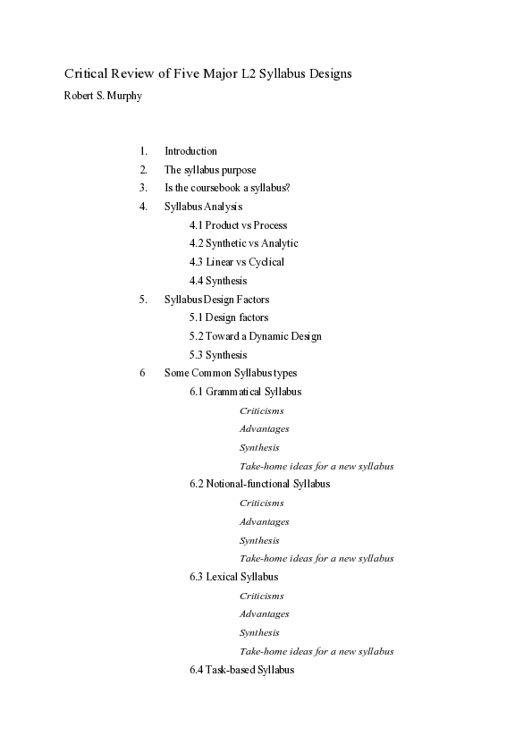 (PDF) Critical Review of Five Major L2 Syllabus Designs