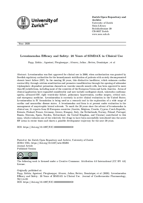 (PDF) Levosimendan Efficacy and Safety: 20 years of SIMDAX in Clinical Use