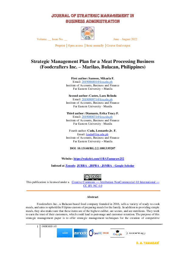 (PDF) Strategic Management Plan for a Meat Processing Business